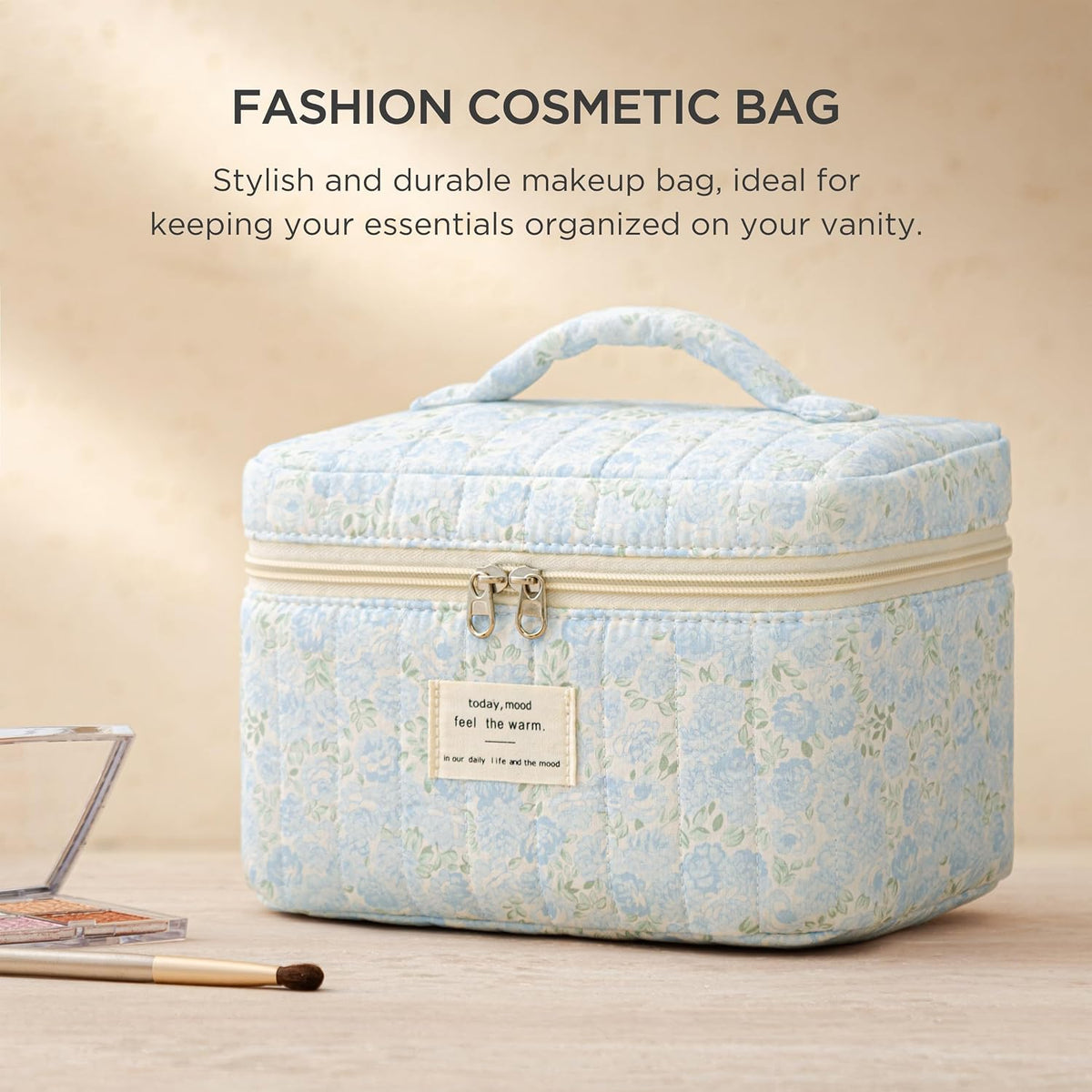 Large Quilted Makeup Bags for Women, Cute Cotton Travel Cosmetic Bags with Handle, Gifts for Bridesmaids, Portable Coquette Floral Make up Bag, Toiletry Cosmetic Bag