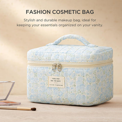 Large Quilted Makeup Bags for Women, Cute Cotton Travel Cosmetic Bags with Handle, Gifts for Bridesmaids, Portable Coquette Floral Make up Bag, Toiletry Cosmetic Bag