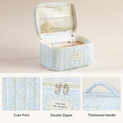 Large Quilted Makeup Bags for Women, Cute Cotton Travel Cosmetic Bags with Handle, Gifts for Bridesmaids, Portable Coquette Floral Make up Bag, Toiletry Cosmetic Bag