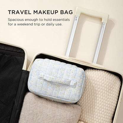 Large Quilted Makeup Bags for Women, Cute Cotton Travel Cosmetic Bags with Handle, Gifts for Bridesmaids, Portable Coquette Floral Make up Bag, Toiletry Cosmetic Bag