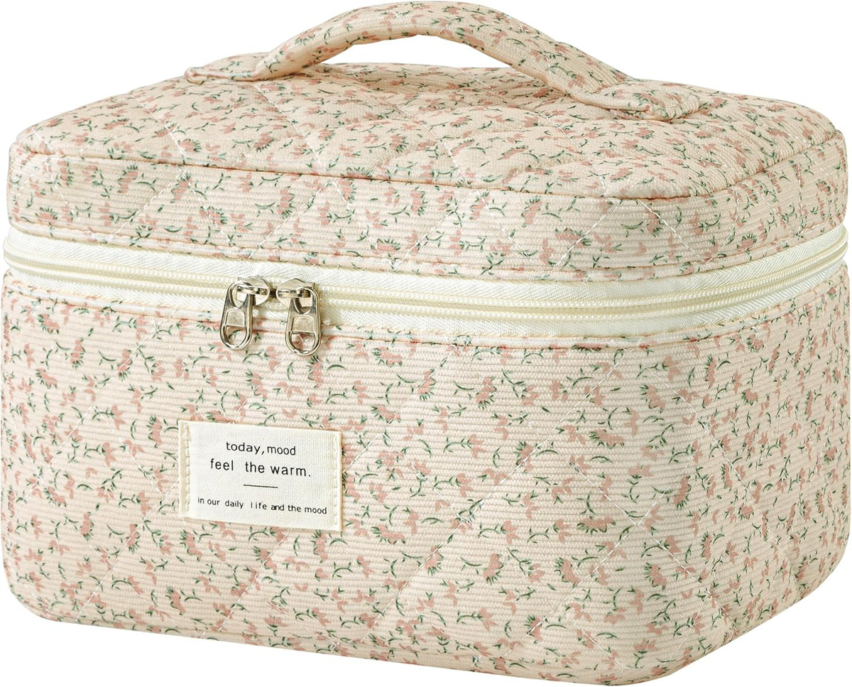 Large Quilted Makeup Bags for Women, Cute Cotton Travel Cosmetic Bags with Handle, Gifts for Bridesmaids, Portable Coquette Floral Make up Bag, Toiletry Cosmetic Bag