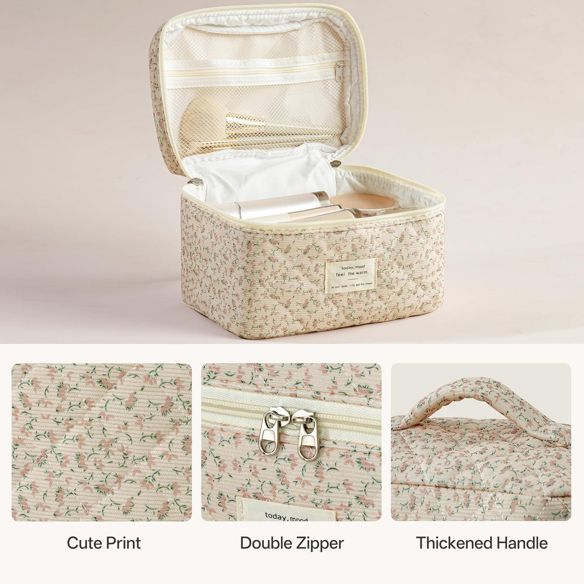 Large Quilted Makeup Bags for Women, Cute Cotton Travel Cosmetic Bags with Handle, Gifts for Bridesmaids, Portable Coquette Floral Make up Bag, Toiletry Cosmetic Bag