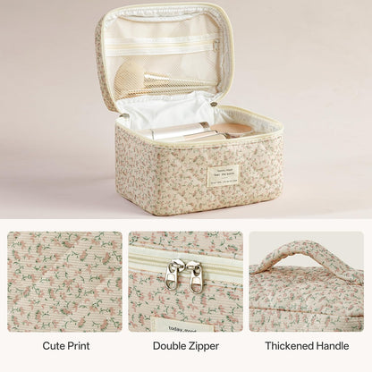 Large Quilted Makeup Bags for Women, Cute Cotton Travel Cosmetic Bags with Handle, Gifts for Bridesmaids, Portable Coquette Floral Make up Bag, Toiletry Cosmetic Bag
