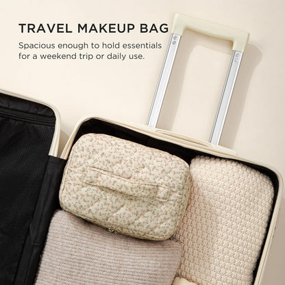 Large Quilted Makeup Bags for Women, Cute Cotton Travel Cosmetic Bags with Handle, Gifts for Bridesmaids, Portable Coquette Floral Make up Bag, Toiletry Cosmetic Bag