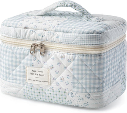 Large Quilted Makeup Bags for Women, Cute Cotton Travel Cosmetic Bags with Handle, Gifts for Bridesmaids, Portable Coquette Floral Make up Bag, Toiletry Cosmetic Bag