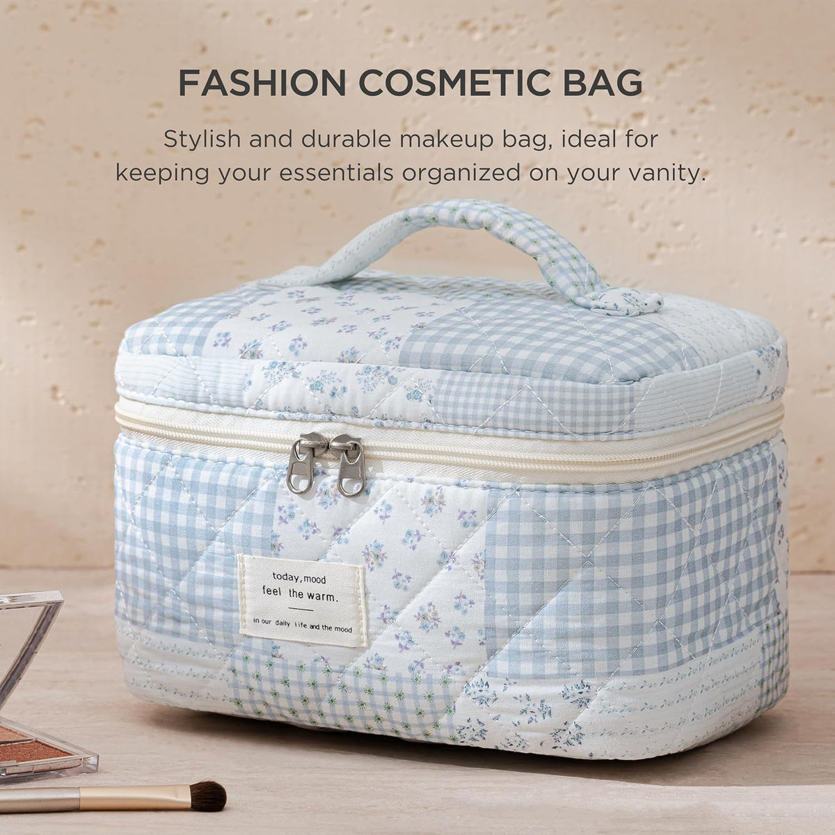 Large Quilted Makeup Bags for Women, Cute Cotton Travel Cosmetic Bags with Handle, Gifts for Bridesmaids, Portable Coquette Floral Make up Bag, Toiletry Cosmetic Bag