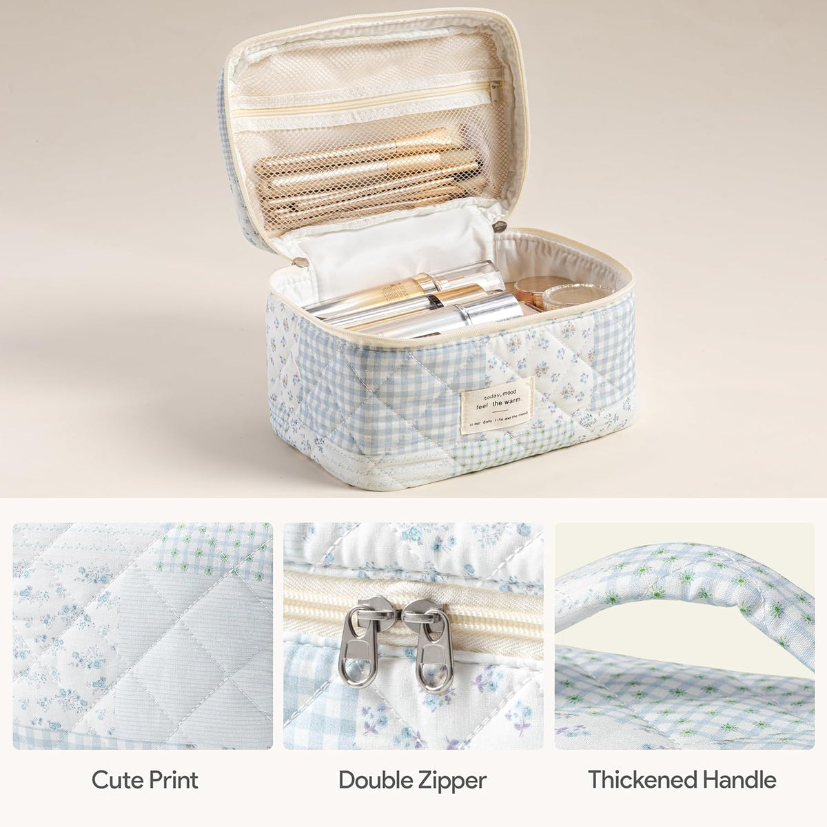Large Quilted Makeup Bags for Women, Cute Cotton Travel Cosmetic Bags with Handle, Gifts for Bridesmaids, Portable Coquette Floral Make up Bag, Toiletry Cosmetic Bag