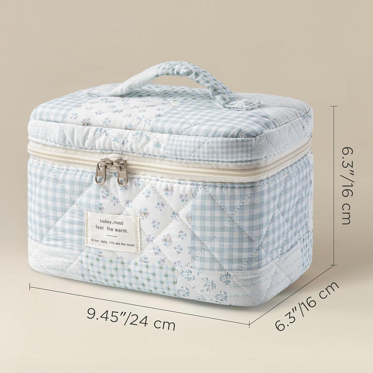Large Quilted Makeup Bags for Women, Cute Cotton Travel Cosmetic Bags with Handle, Gifts for Bridesmaids, Portable Coquette Floral Make up Bag, Toiletry Cosmetic Bag