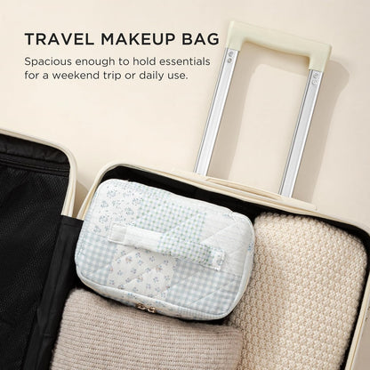 Large Quilted Makeup Bags for Women, Cute Cotton Travel Cosmetic Bags with Handle, Gifts for Bridesmaids, Portable Coquette Floral Make up Bag, Toiletry Cosmetic Bag