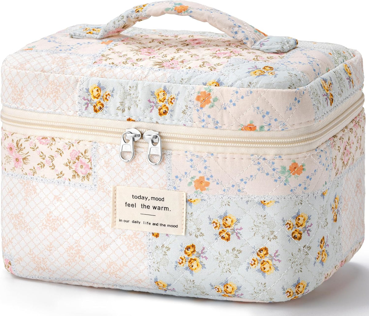 Large Quilted Makeup Bags for Women, Cute Cotton Travel Cosmetic Bags with Handle, Gifts for Bridesmaids, Portable Coquette Floral Make up Bag, Toiletry Cosmetic Bag