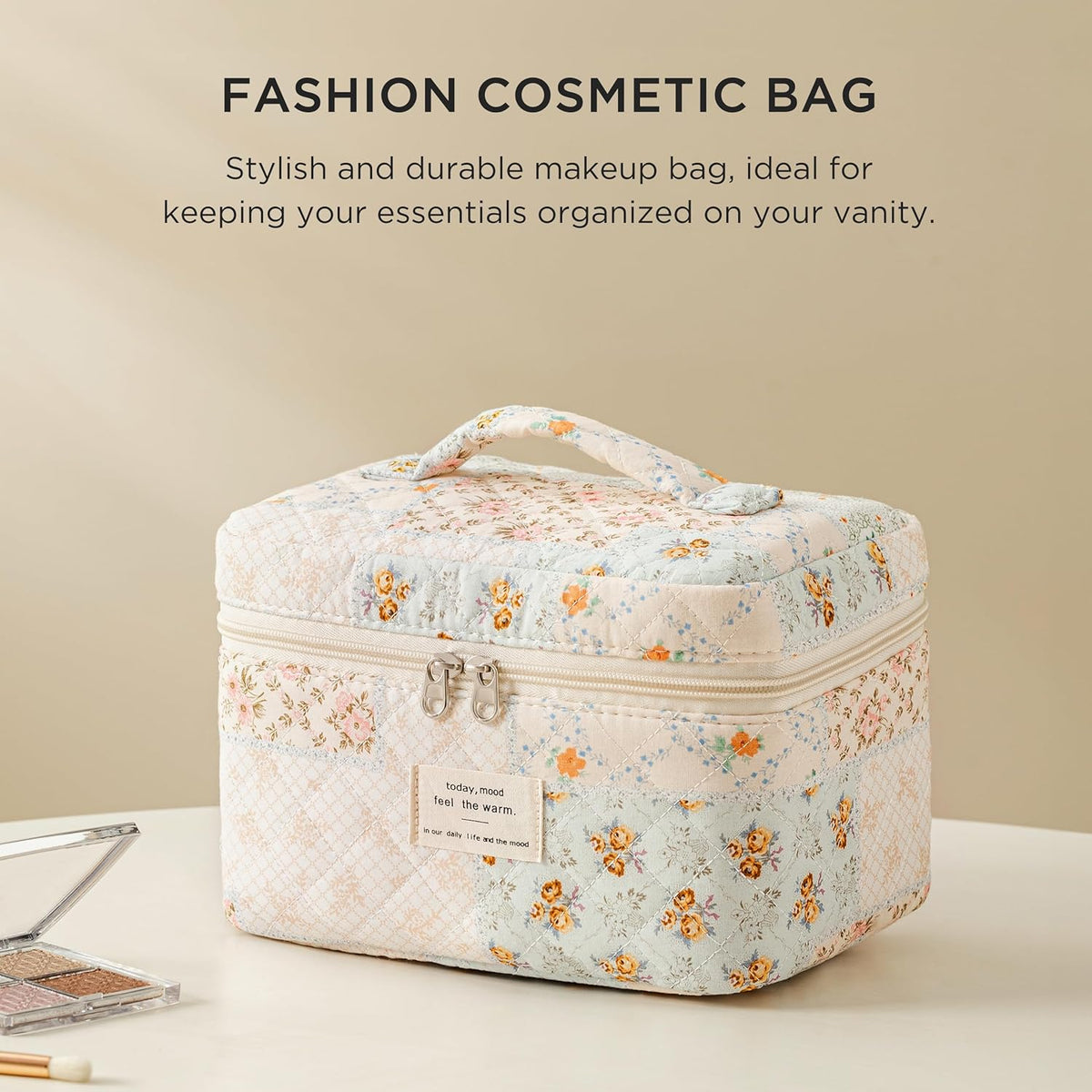 Large Quilted Makeup Bags for Women, Cute Cotton Travel Cosmetic Bags with Handle, Gifts for Bridesmaids, Portable Coquette Floral Make up Bag, Toiletry Cosmetic Bag