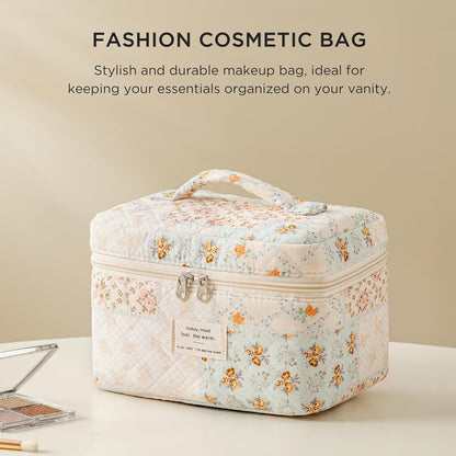 Large Quilted Makeup Bags for Women, Cute Cotton Travel Cosmetic Bags with Handle, Gifts for Bridesmaids, Portable Coquette Floral Make up Bag, Toiletry Cosmetic Bag