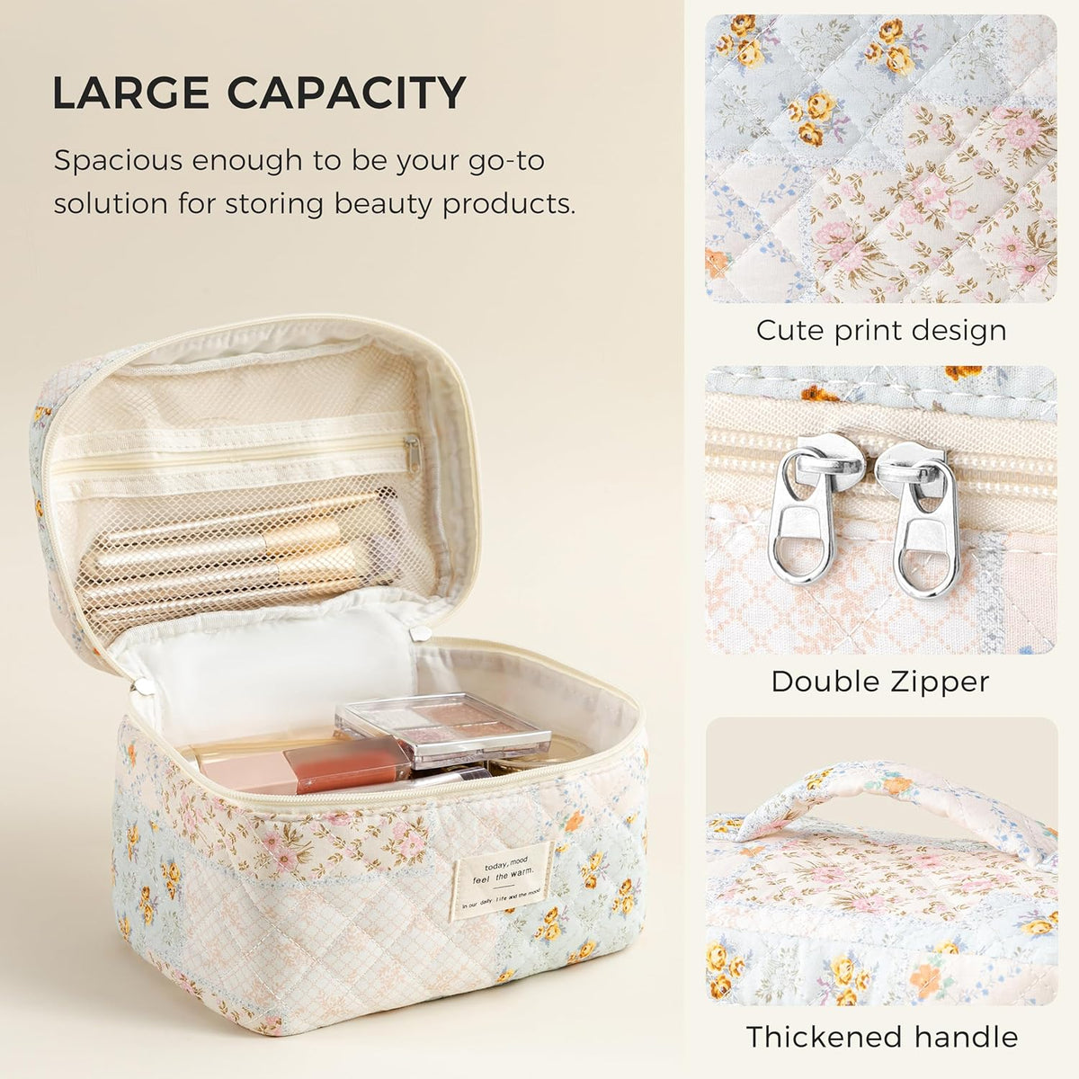 Large Quilted Makeup Bags for Women, Cute Cotton Travel Cosmetic Bags with Handle, Gifts for Bridesmaids, Portable Coquette Floral Make up Bag, Toiletry Cosmetic Bag