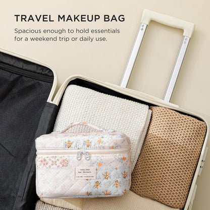 Large Quilted Makeup Bags for Women, Cute Cotton Travel Cosmetic Bags with Handle, Gifts for Bridesmaids, Portable Coquette Floral Make up Bag, Toiletry Cosmetic Bag