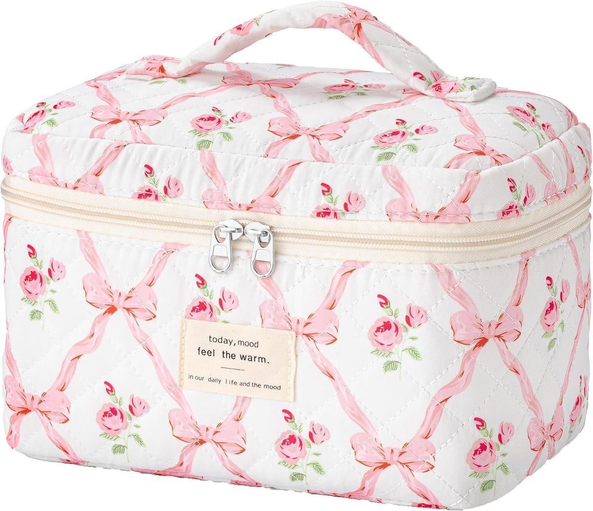 Large Quilted Makeup Bags for Women, Cute Cotton Travel Cosmetic Bags with Handle, Gifts for Bridesmaids, Portable Coquette Floral Make up Bag, Toiletry Cosmetic Bag