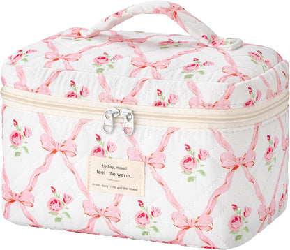 Large Quilted Makeup Bags for Women, Cute Cotton Travel Cosmetic Bags with Handle, Gifts for Bridesmaids, Portable Coquette Floral Make up Bag, Toiletry Cosmetic Bag
