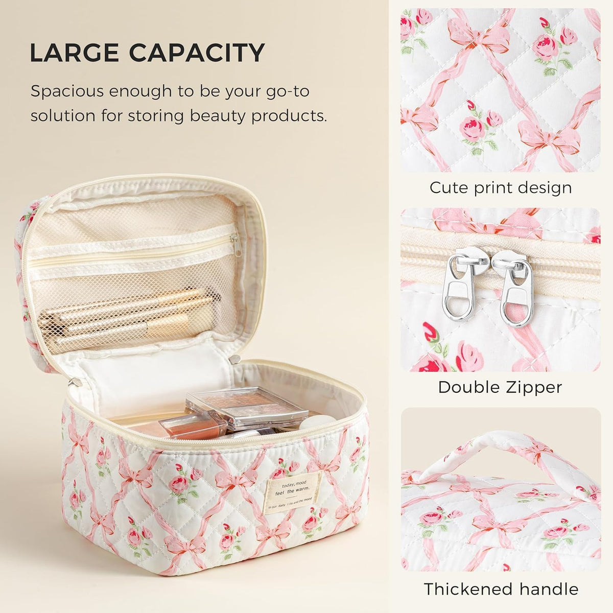 Large Quilted Makeup Bags for Women, Cute Cotton Travel Cosmetic Bags with Handle, Gifts for Bridesmaids, Portable Coquette Floral Make up Bag, Toiletry Cosmetic Bag