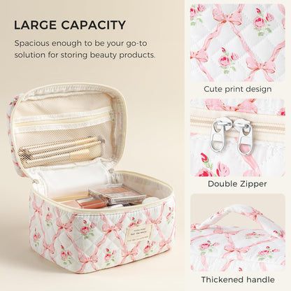 Large Quilted Makeup Bags for Women, Cute Cotton Travel Cosmetic Bags with Handle, Gifts for Bridesmaids, Portable Coquette Floral Make up Bag, Toiletry Cosmetic Bag