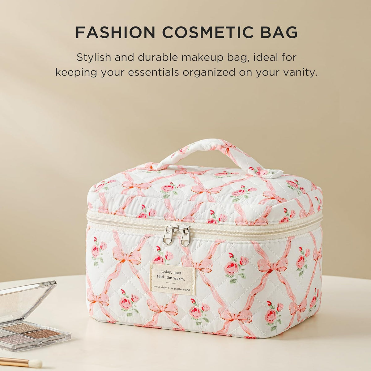 Large Quilted Makeup Bags for Women, Cute Cotton Travel Cosmetic Bags with Handle, Gifts for Bridesmaids, Portable Coquette Floral Make up Bag, Toiletry Cosmetic Bag