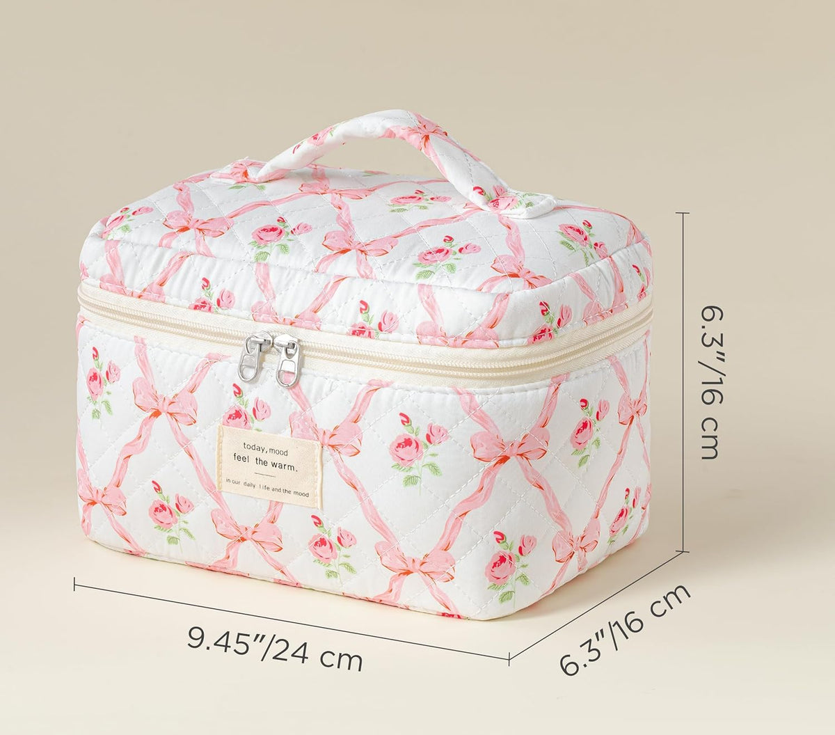 Large Quilted Makeup Bags for Women, Cute Cotton Travel Cosmetic Bags with Handle, Gifts for Bridesmaids, Portable Coquette Floral Make up Bag, Toiletry Cosmetic Bag