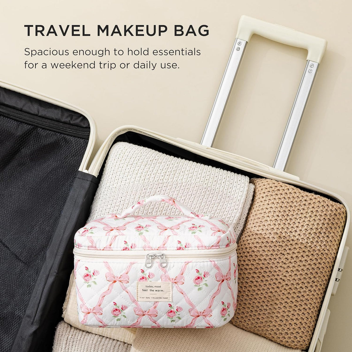 Large Quilted Makeup Bags for Women, Cute Cotton Travel Cosmetic Bags with Handle, Gifts for Bridesmaids, Portable Coquette Floral Make up Bag, Toiletry Cosmetic Bag