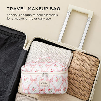 Large Quilted Makeup Bags for Women, Cute Cotton Travel Cosmetic Bags with Handle, Gifts for Bridesmaids, Portable Coquette Floral Make up Bag, Toiletry Cosmetic Bag
