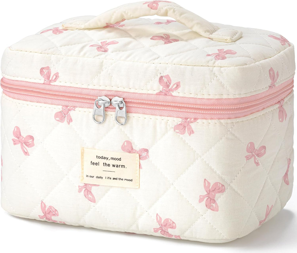Large Quilted Makeup Bags for Women, Cute Cotton Travel Cosmetic Bags with Handle, Gifts for Bridesmaids, Portable Coquette Floral Make up Bag, Toiletry Cosmetic Bag