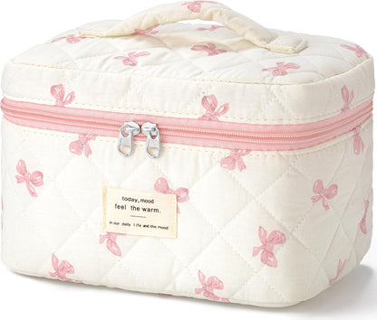 Large Quilted Makeup Bags for Women, Cute Cotton Travel Cosmetic Bags with Handle, Gifts for Bridesmaids, Portable Coquette Floral Make up Bag, Toiletry Cosmetic Bag
