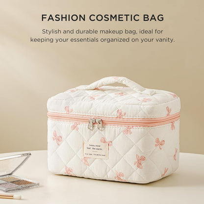 Large Quilted Makeup Bags for Women, Cute Cotton Travel Cosmetic Bags with Handle, Gifts for Bridesmaids, Portable Coquette Floral Make up Bag, Toiletry Cosmetic Bag