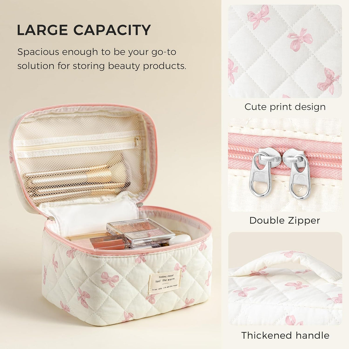 Large Quilted Makeup Bags for Women, Cute Cotton Travel Cosmetic Bags with Handle, Gifts for Bridesmaids, Portable Coquette Floral Make up Bag, Toiletry Cosmetic Bag