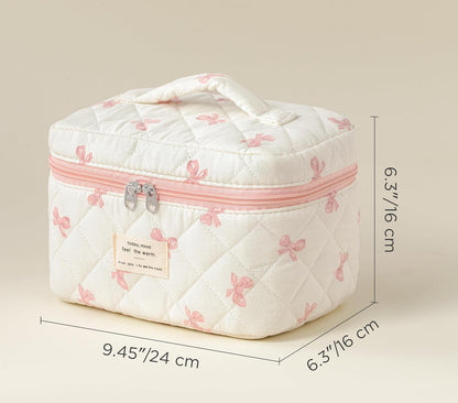 Large Quilted Makeup Bags for Women, Cute Cotton Travel Cosmetic Bags with Handle, Gifts for Bridesmaids, Portable Coquette Floral Make up Bag, Toiletry Cosmetic Bag