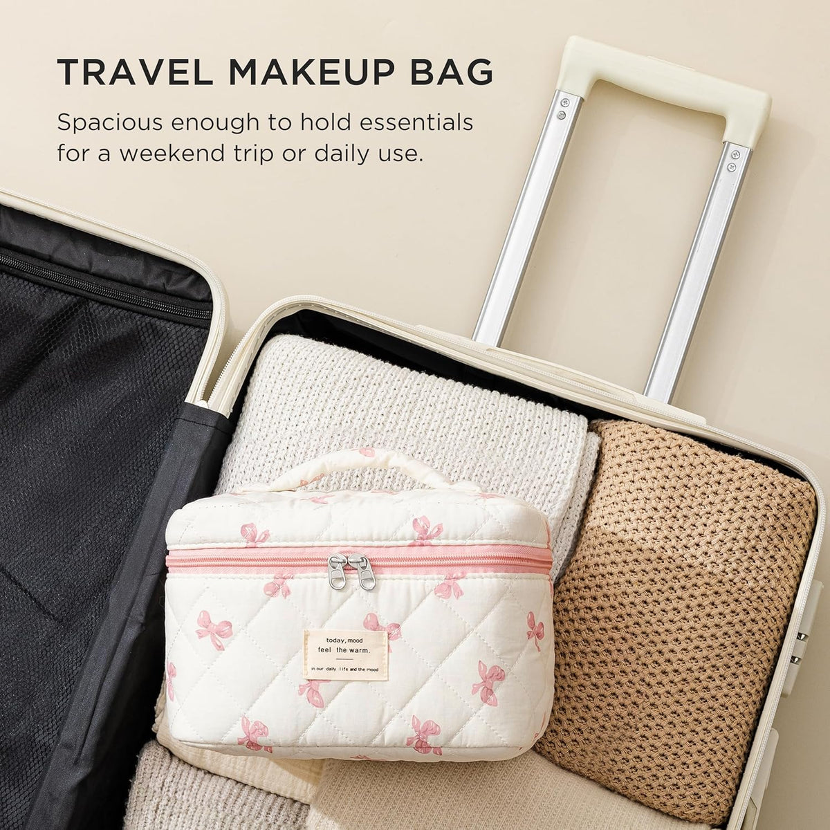 Large Quilted Makeup Bags for Women, Cute Cotton Travel Cosmetic Bags with Handle, Gifts for Bridesmaids, Portable Coquette Floral Make up Bag, Toiletry Cosmetic Bag