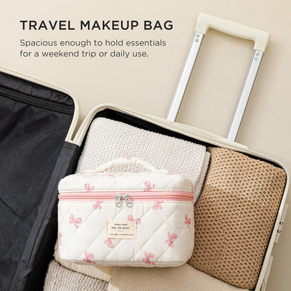 Large Quilted Makeup Bags for Women, Cute Cotton Travel Cosmetic Bags with Handle, Gifts for Bridesmaids, Portable Coquette Floral Make up Bag, Toiletry Cosmetic Bag