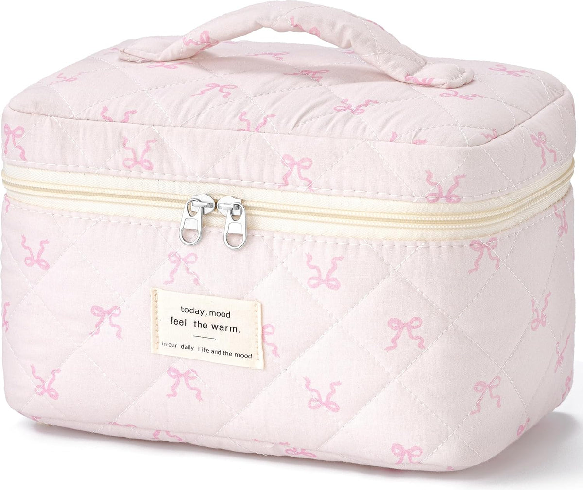 Large Quilted Makeup Bags for Women, Cute Cotton Travel Cosmetic Bags with Handle, Gifts for Bridesmaids, Portable Coquette Floral Make up Bag, Toiletry Cosmetic Bag
