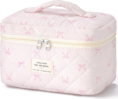Large Quilted Makeup Bags for Women, Cute Cotton Travel Cosmetic Bags with Handle, Gifts for Bridesmaids, Portable Coquette Floral Make up Bag, Toiletry Cosmetic Bag