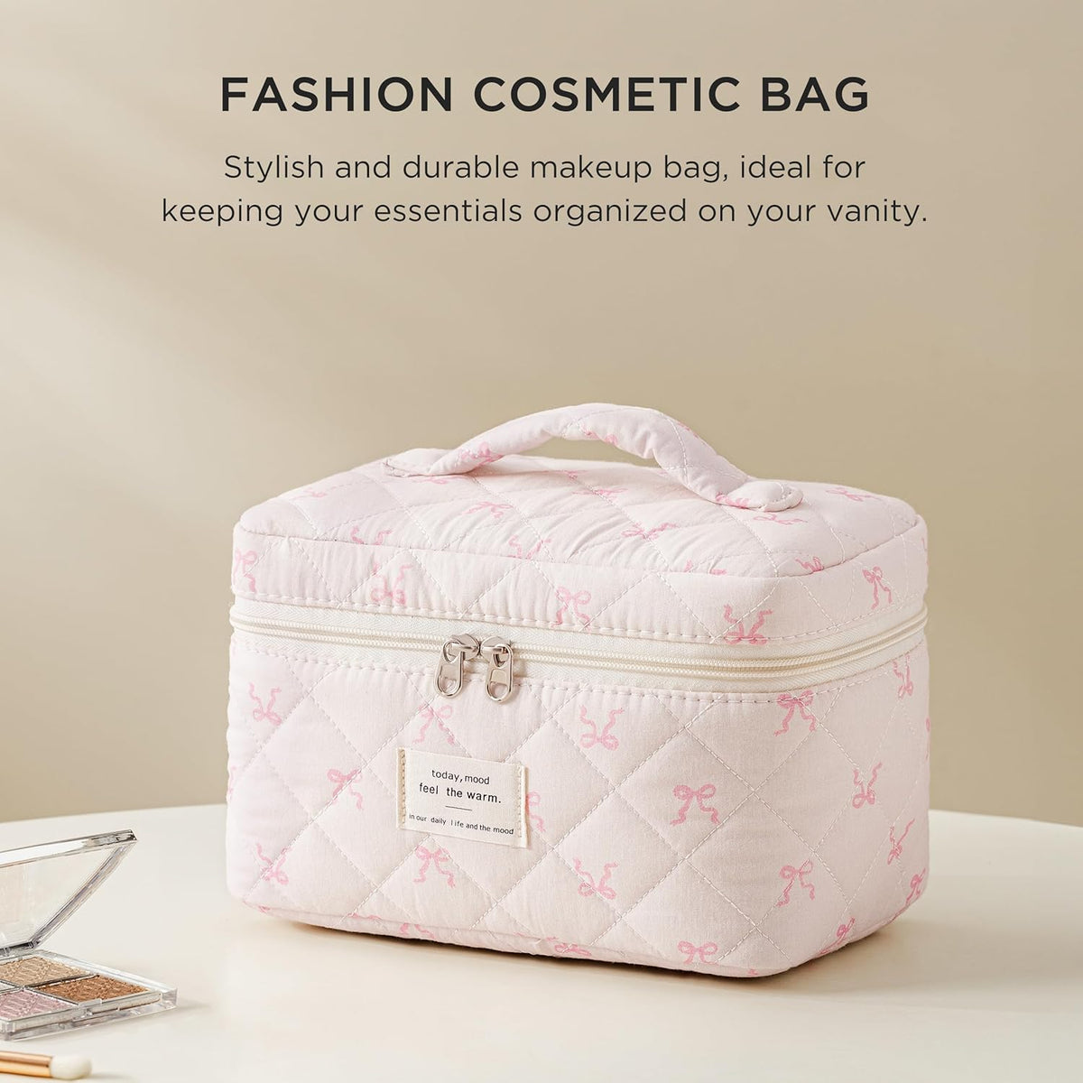 Large Quilted Makeup Bags for Women, Cute Cotton Travel Cosmetic Bags with Handle, Gifts for Bridesmaids, Portable Coquette Floral Make up Bag, Toiletry Cosmetic Bag