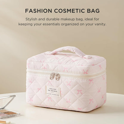 Large Quilted Makeup Bags for Women, Cute Cotton Travel Cosmetic Bags with Handle, Gifts for Bridesmaids, Portable Coquette Floral Make up Bag, Toiletry Cosmetic Bag