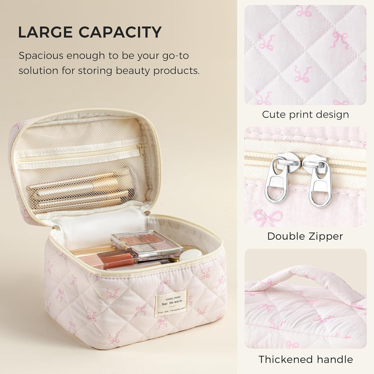 Large Quilted Makeup Bags for Women, Cute Cotton Travel Cosmetic Bags with Handle, Gifts for Bridesmaids, Portable Coquette Floral Make up Bag, Toiletry Cosmetic Bag
