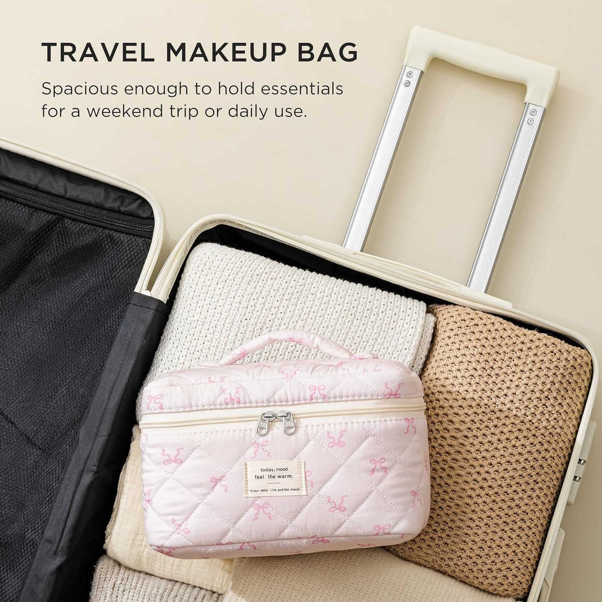 Large Quilted Makeup Bags for Women, Cute Cotton Travel Cosmetic Bags with Handle, Gifts for Bridesmaids, Portable Coquette Floral Make up Bag, Toiletry Cosmetic Bag