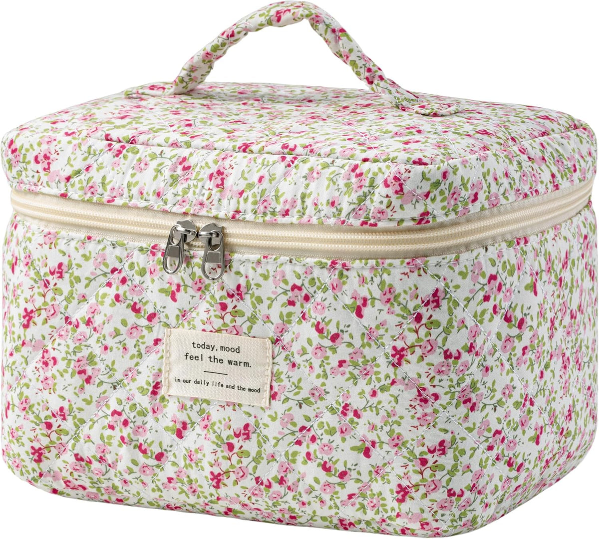 Large Quilted Makeup Bags for Women, Cute Cotton Travel Cosmetic Bags with Handle, Gifts for Bridesmaids, Portable Coquette Floral Make up Bag, Toiletry Cosmetic Bag