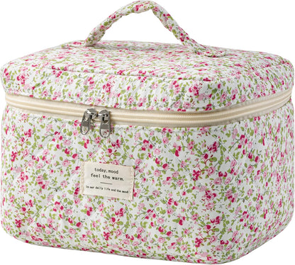 Large Quilted Makeup Bags for Women, Cute Cotton Travel Cosmetic Bags with Handle, Gifts for Bridesmaids, Portable Coquette Floral Make up Bag, Toiletry Cosmetic Bag