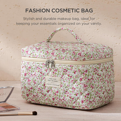 Large Quilted Makeup Bags for Women, Cute Cotton Travel Cosmetic Bags with Handle, Gifts for Bridesmaids, Portable Coquette Floral Make up Bag, Toiletry Cosmetic Bag