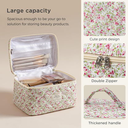 Large Quilted Makeup Bags for Women, Cute Cotton Travel Cosmetic Bags with Handle, Gifts for Bridesmaids, Portable Coquette Floral Make up Bag, Toiletry Cosmetic Bag