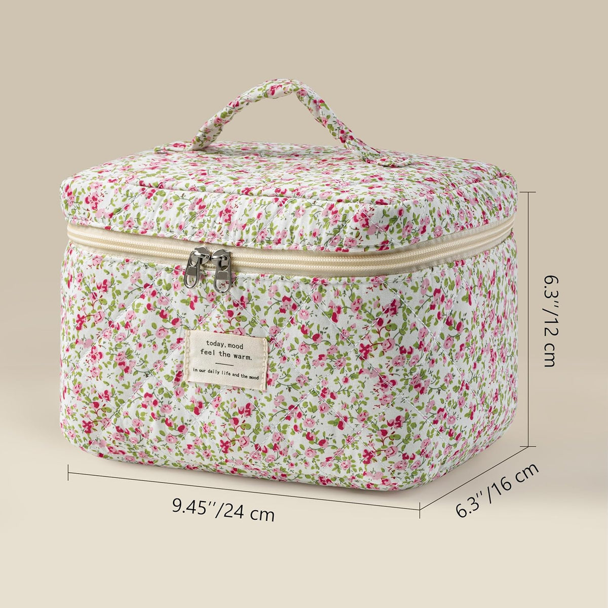 Large Quilted Makeup Bags for Women, Cute Cotton Travel Cosmetic Bags with Handle, Gifts for Bridesmaids, Portable Coquette Floral Make up Bag, Toiletry Cosmetic Bag