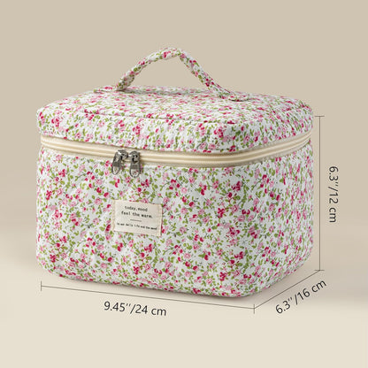Large Quilted Makeup Bags for Women, Cute Cotton Travel Cosmetic Bags with Handle, Gifts for Bridesmaids, Portable Coquette Floral Make up Bag, Toiletry Cosmetic Bag