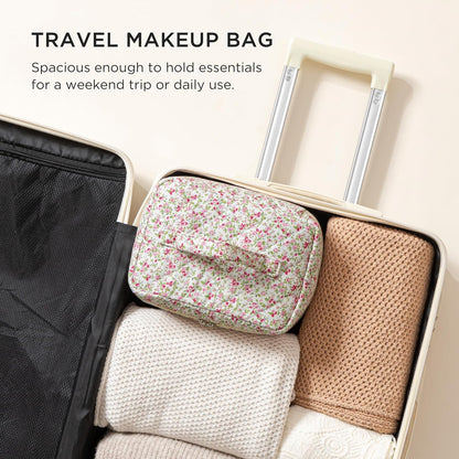 Large Quilted Makeup Bags for Women, Cute Cotton Travel Cosmetic Bags with Handle, Gifts for Bridesmaids, Portable Coquette Floral Make up Bag, Toiletry Cosmetic Bag