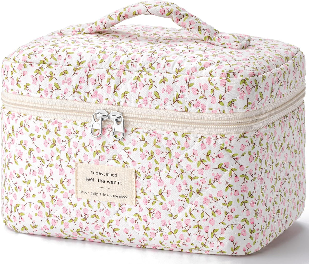 Large Quilted Makeup Bags for Women, Cute Cotton Travel Cosmetic Bags with Handle, Gifts for Bridesmaids, Portable Coquette Floral Make up Bag, Toiletry Cosmetic Bag