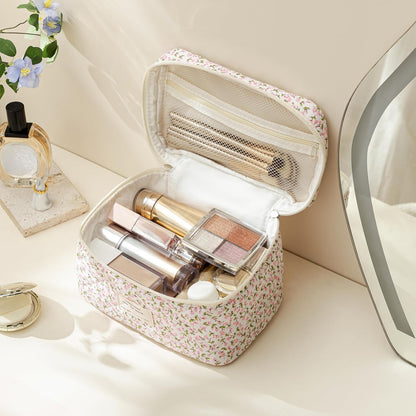 Large Quilted Makeup Bags for Women, Cute Cotton Travel Cosmetic Bags with Handle, Gifts for Bridesmaids, Portable Coquette Floral Make up Bag, Toiletry Cosmetic Bag