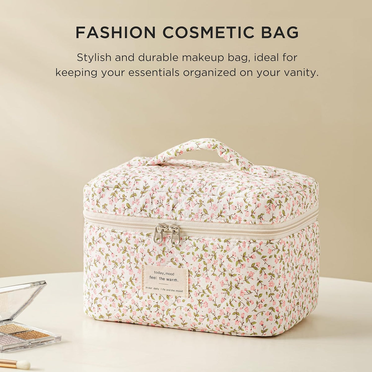 Large Quilted Makeup Bags for Women, Cute Cotton Travel Cosmetic Bags with Handle, Gifts for Bridesmaids, Portable Coquette Floral Make up Bag, Toiletry Cosmetic Bag