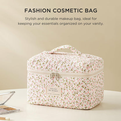 Large Quilted Makeup Bags for Women, Cute Cotton Travel Cosmetic Bags with Handle, Gifts for Bridesmaids, Portable Coquette Floral Make up Bag, Toiletry Cosmetic Bag
